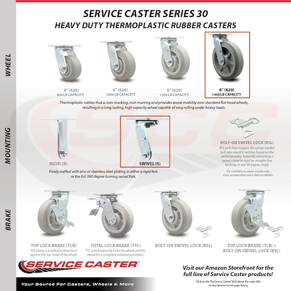 8 Inch Thermoplastic Rubber Swivel Caster Set with Roller Bearings 2 Brakes SCC